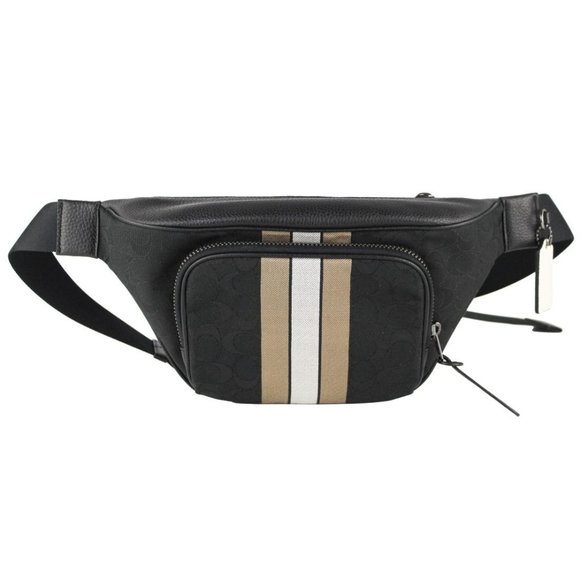 NWT Coach Men's Thompson Black Varsity Stripe Belt Bag Logo Jacquard Canvas LGE - Picture 10 of 10